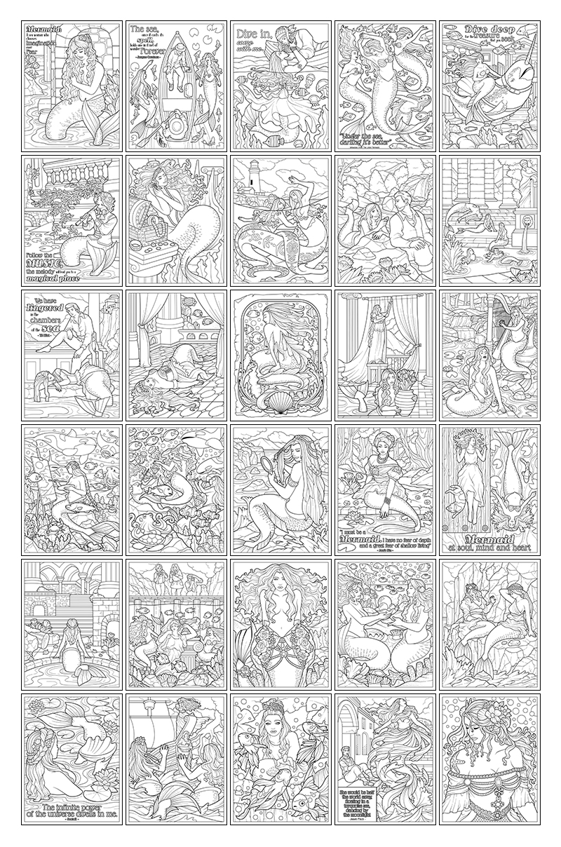 a complete image showing smaller images of all the coloring pages in a package about mermaids