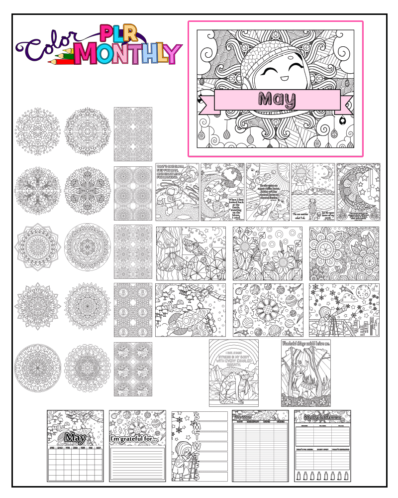 a complete image showing smaller images of all the coloring pages in a package about outer space