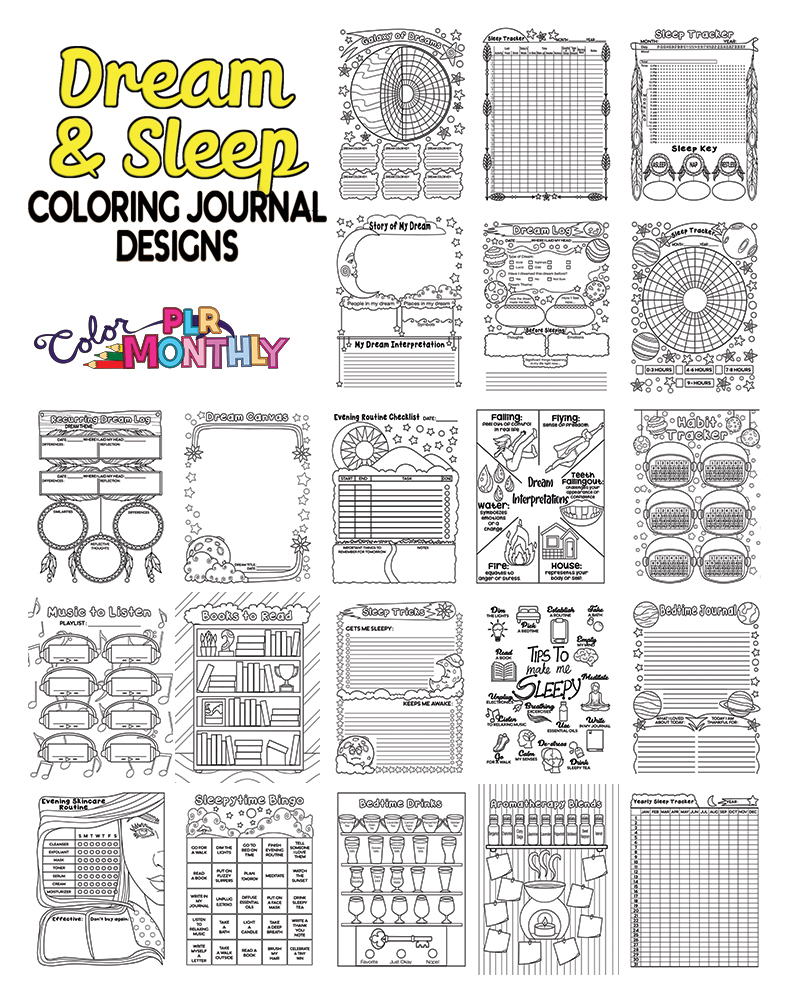 a complete image showing smaller images of all the coloring pages in a package about dream and sleep