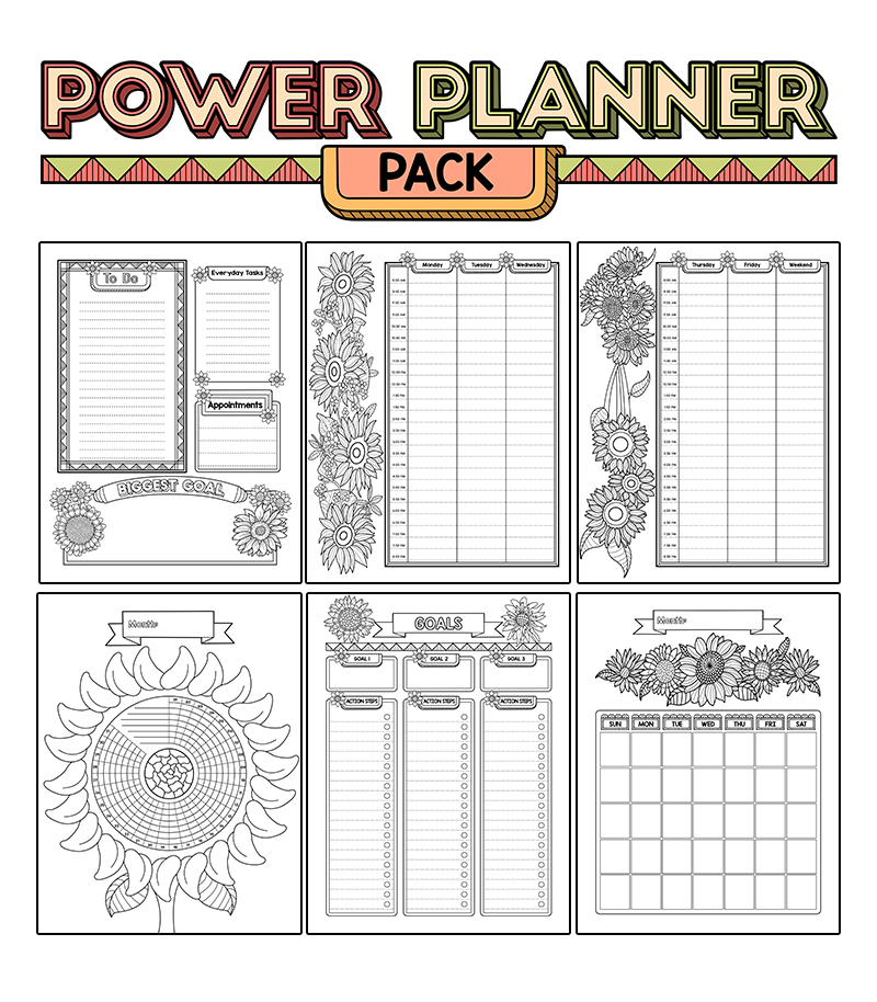 a complete image showing smaller images of all the coloring pages in a package about sunflowers