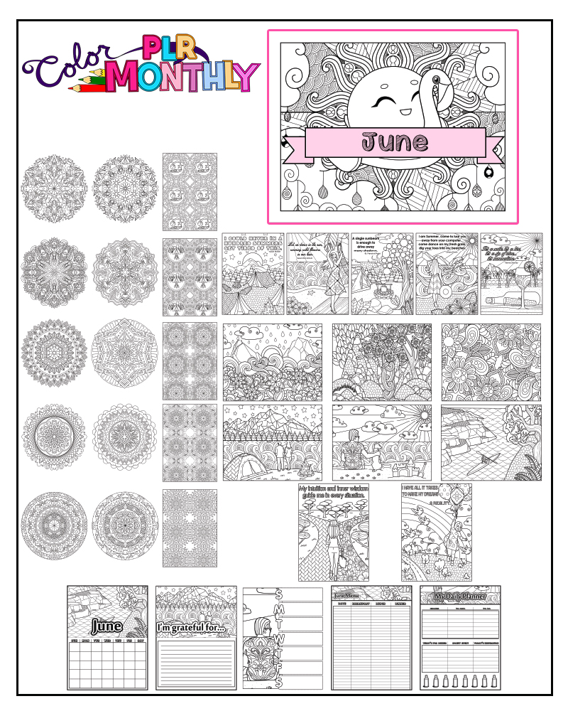 a complete image showing smaller images of all the coloring pages in a package about summer