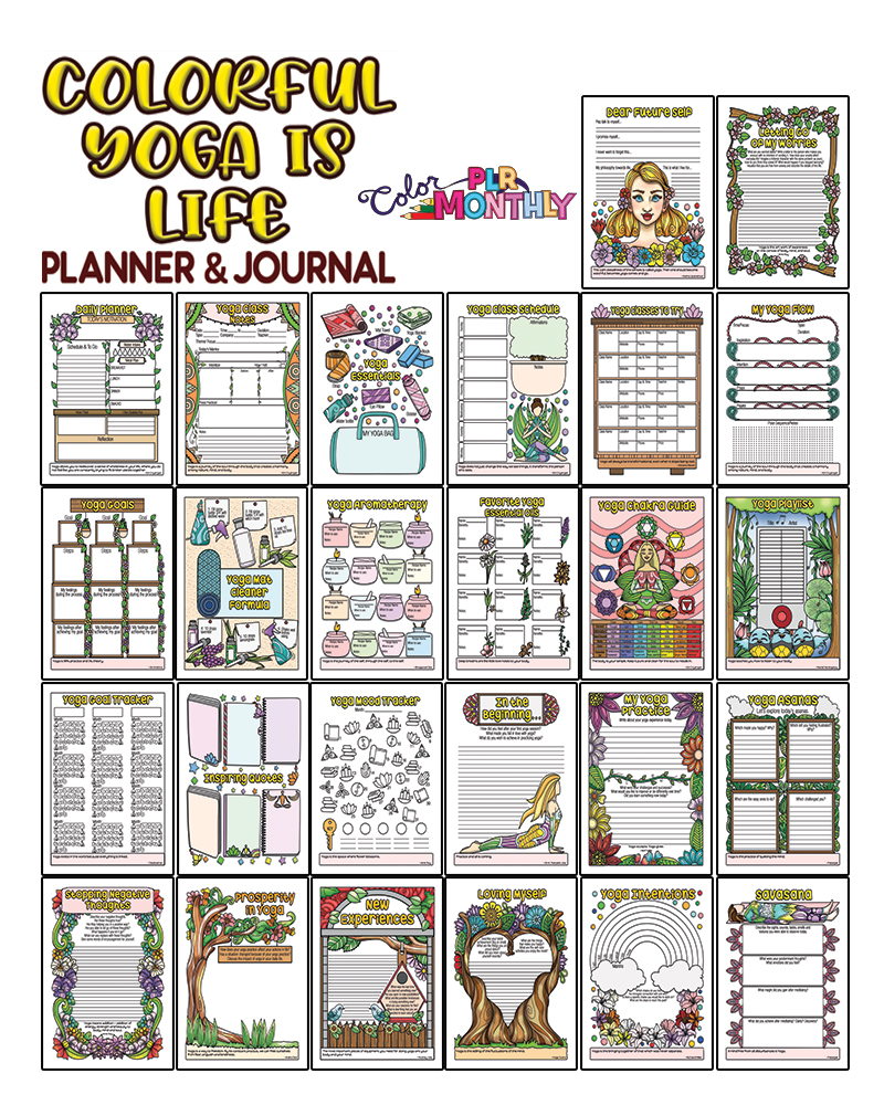 a complete image showing smaller images of all the full color pages in a package about yoga
