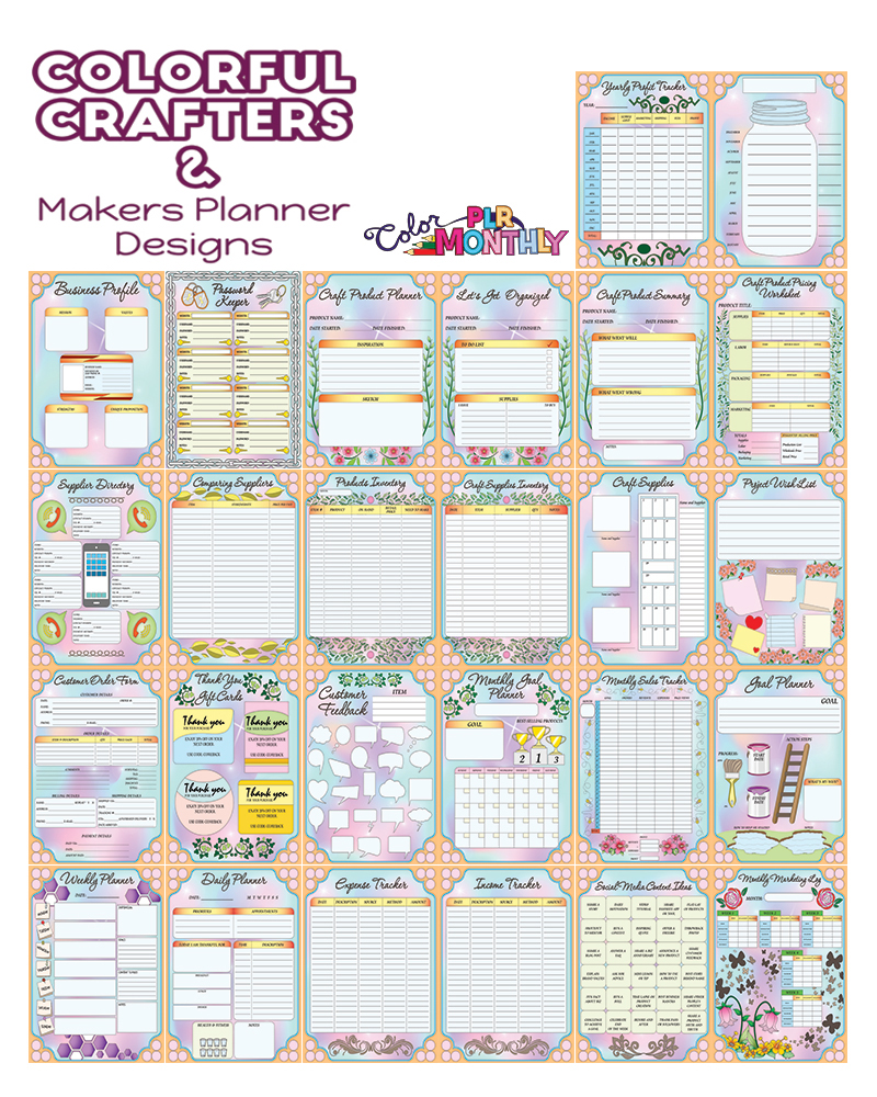 a complete image showing smaller images of all the full color pages in a package of crafters and makers planner