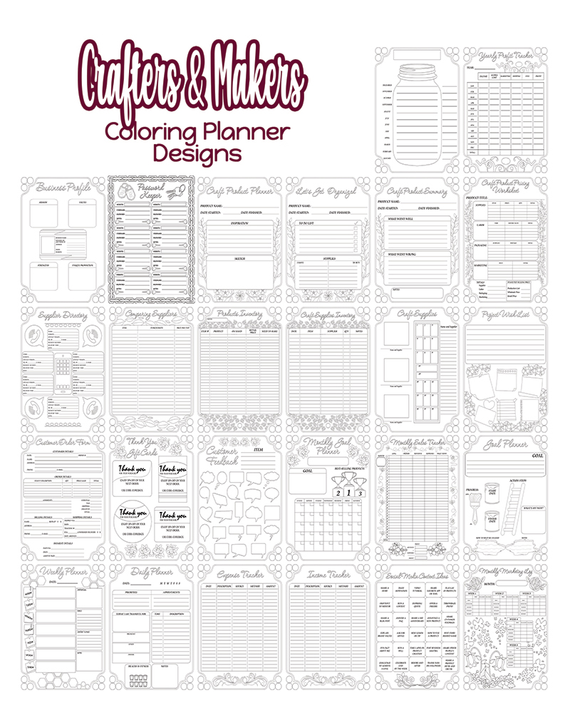 a complete image showing smaller images of all the coloring pages in a package of crafters and makers planner