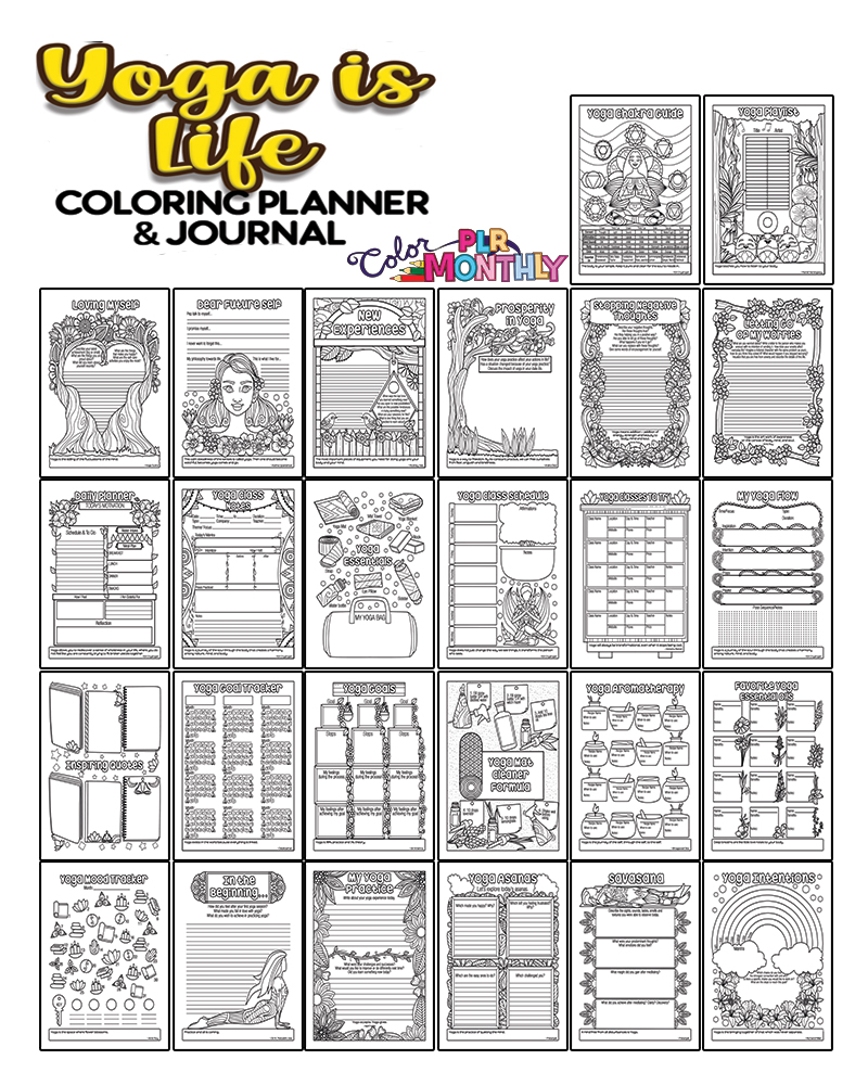 a complete image showing smaller images of all the coloring pages in a package about yoga