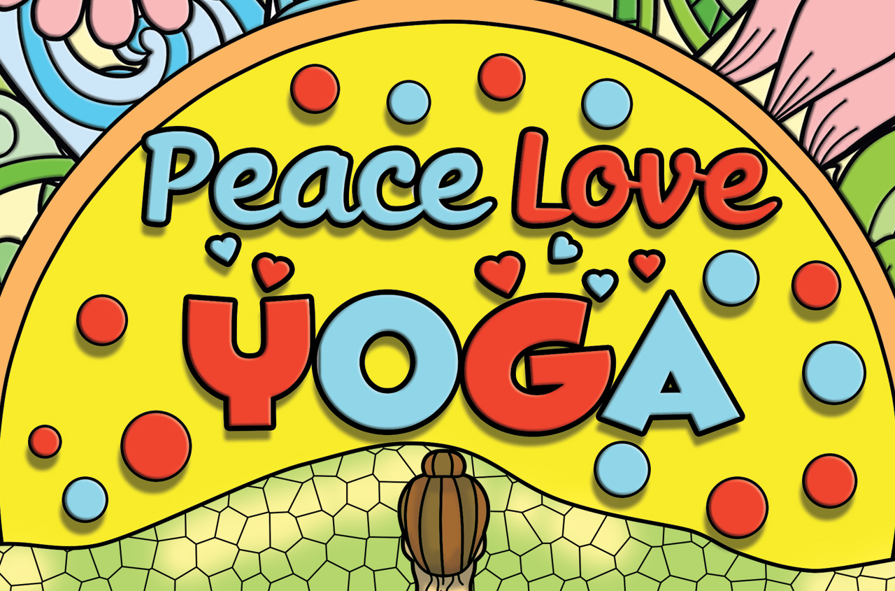 a woman with her back turned with the title of the product "Peace Love Yoga"