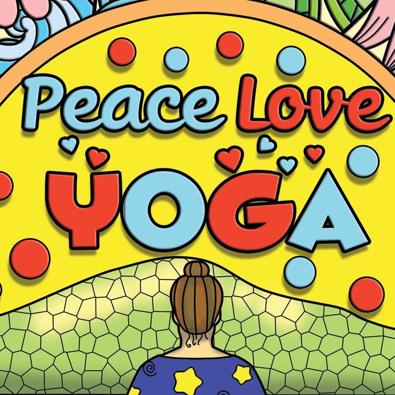 a woman with her back turned wearing a purple shirt with stars with the title of the product "Peace Love Yoga"