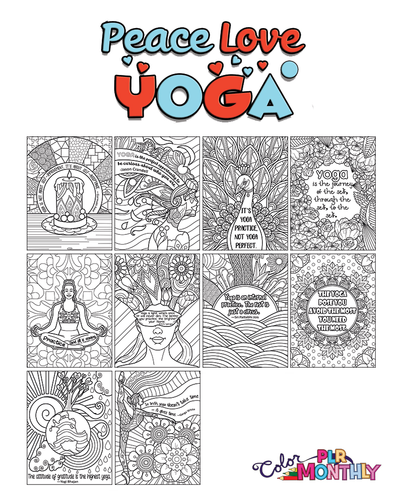 a complete image showing smaller images of all the coloring pages in a package about peace, love, and yoga