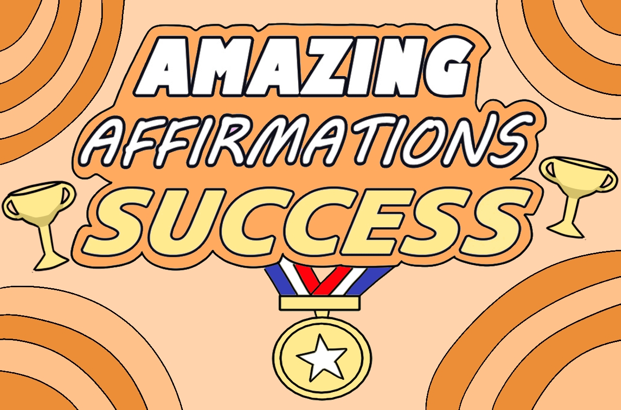 an image with the title of the product "Amazing Affirmations Success" with trophies beside it and a medal below it