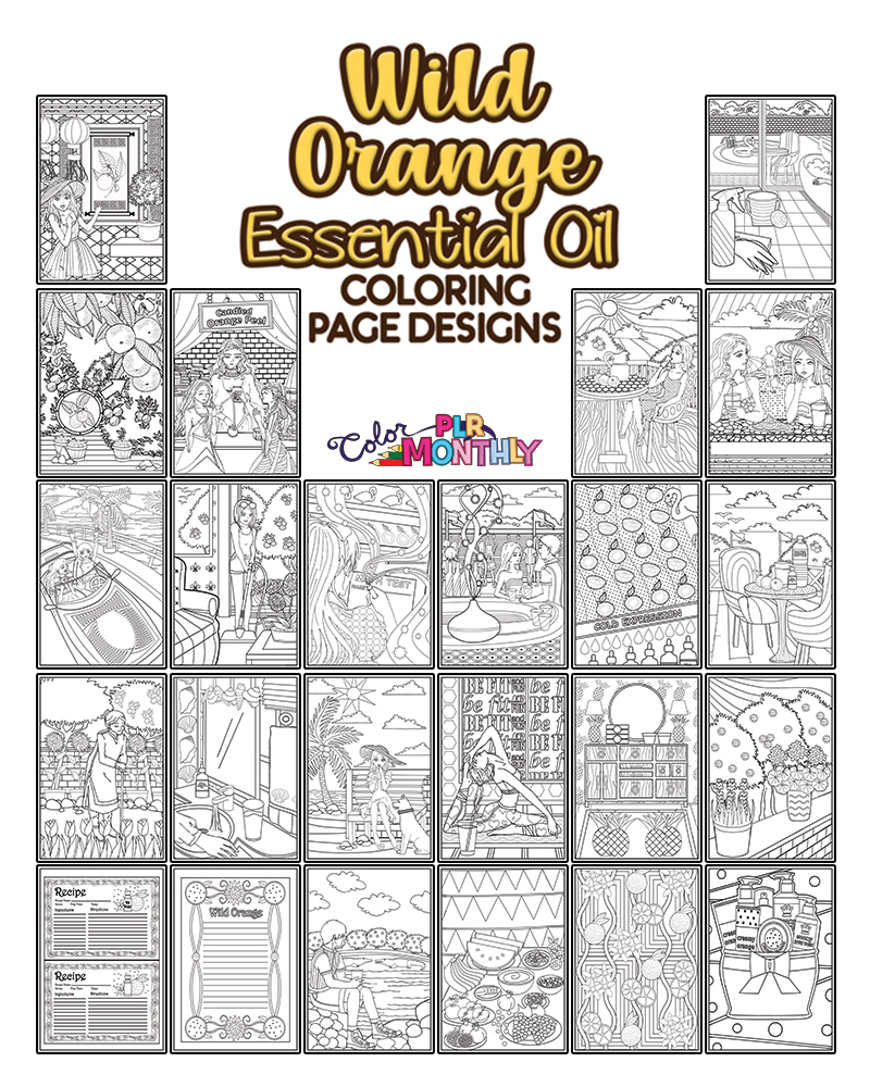 a complete image showing smaller images of all the coloring pages in a package about wild oranges