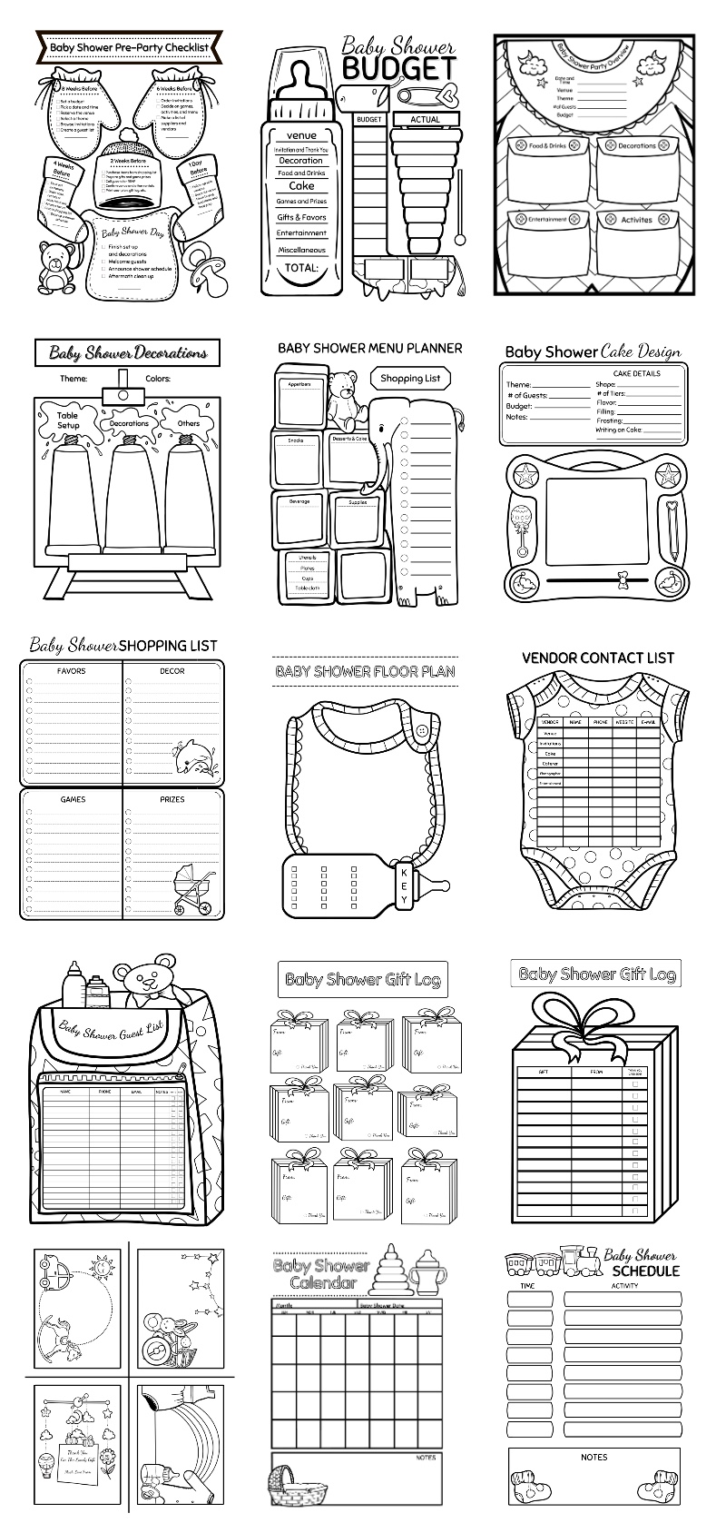 a complete image showing smaller images of all the coloring pages in a package about baby shower