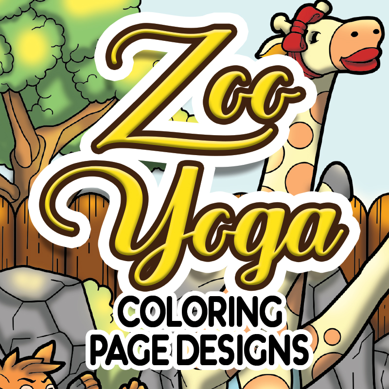 a giraffe with lipstick with a fence, big rocks, and a tree behind it with the title of the product "Zoo Yoga Coloring Page Designs"