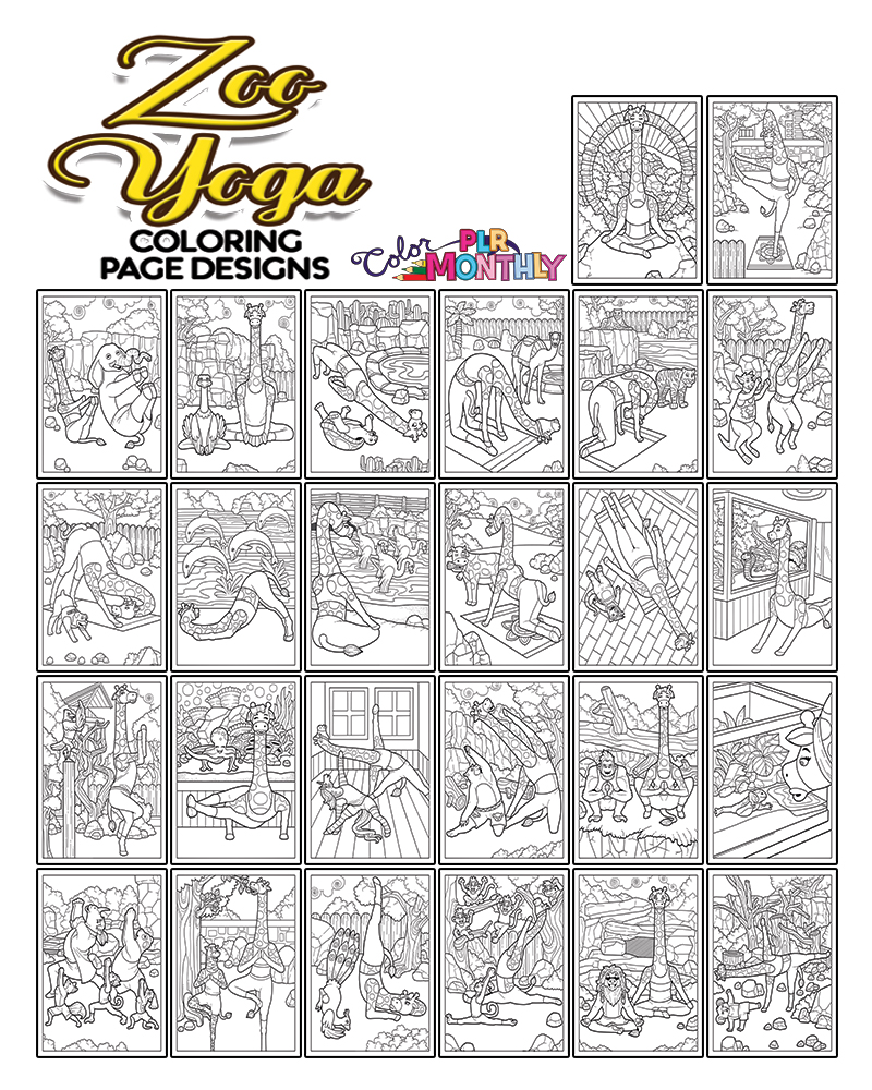 a complete image showing smaller images of all the coloring pages in a package about zoo yoga