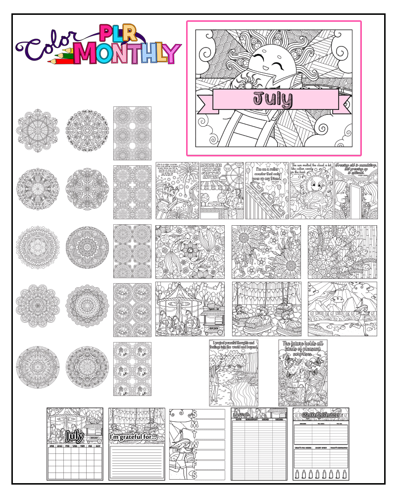 a complete image showing smaller images of all the coloring pages in a package about outer space