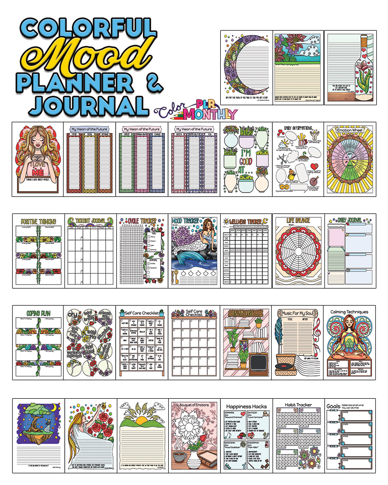 a complete image showing smaller images of all the full color pages in a package of mood planner and journal