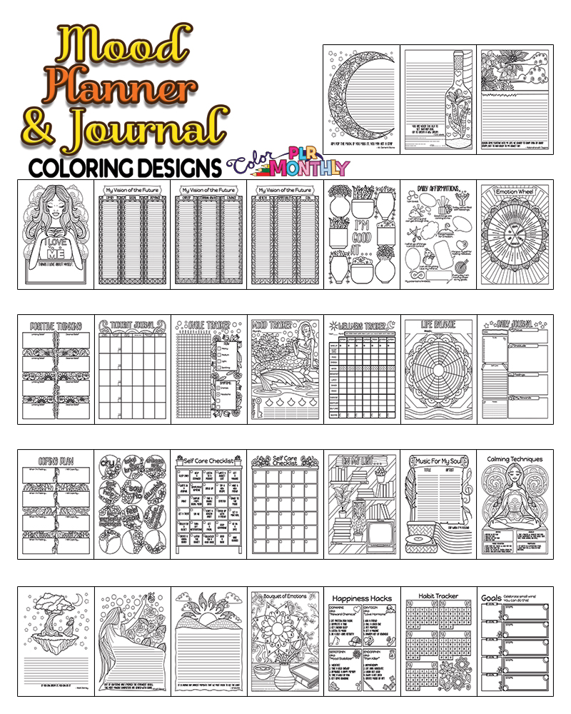 a complete image showing smaller images of all the coloring pages in a package of mood planner and journal