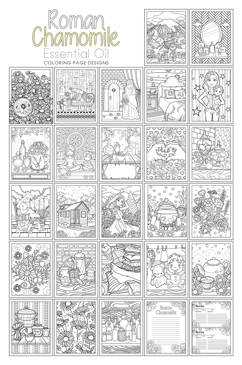 a complete image showing smaller images of all the coloring pages in a package about roman chamomile essential oil