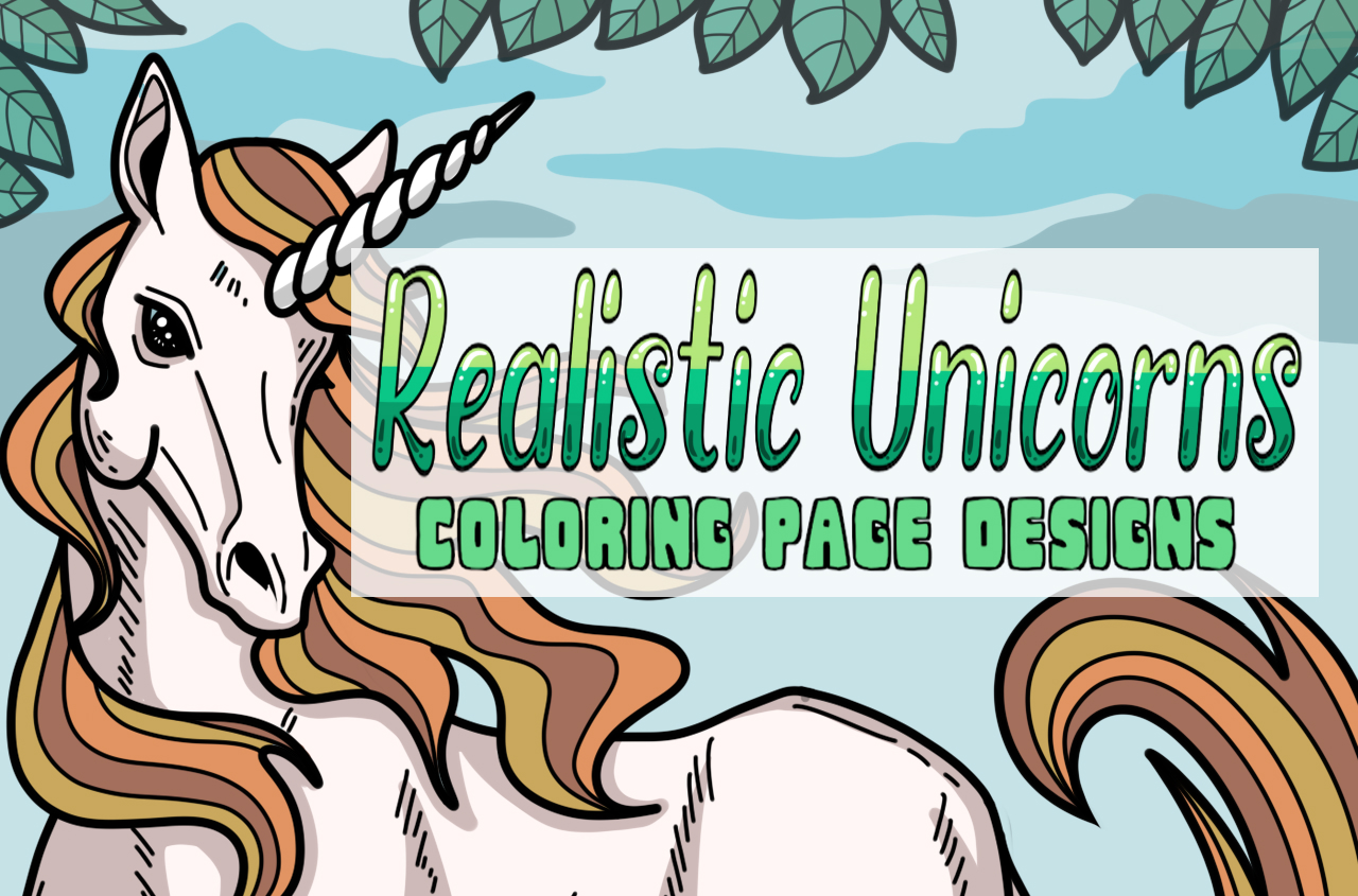 an image with a unicorn with the title of the product "Realistic Unicorns Coloring Page Designs"