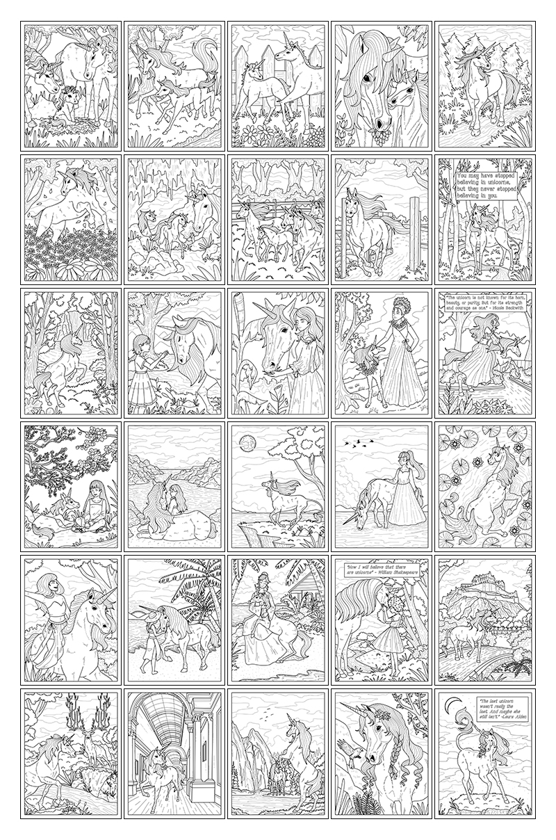 a complete image showing smaller images of all the coloring pages in a package about unicorns