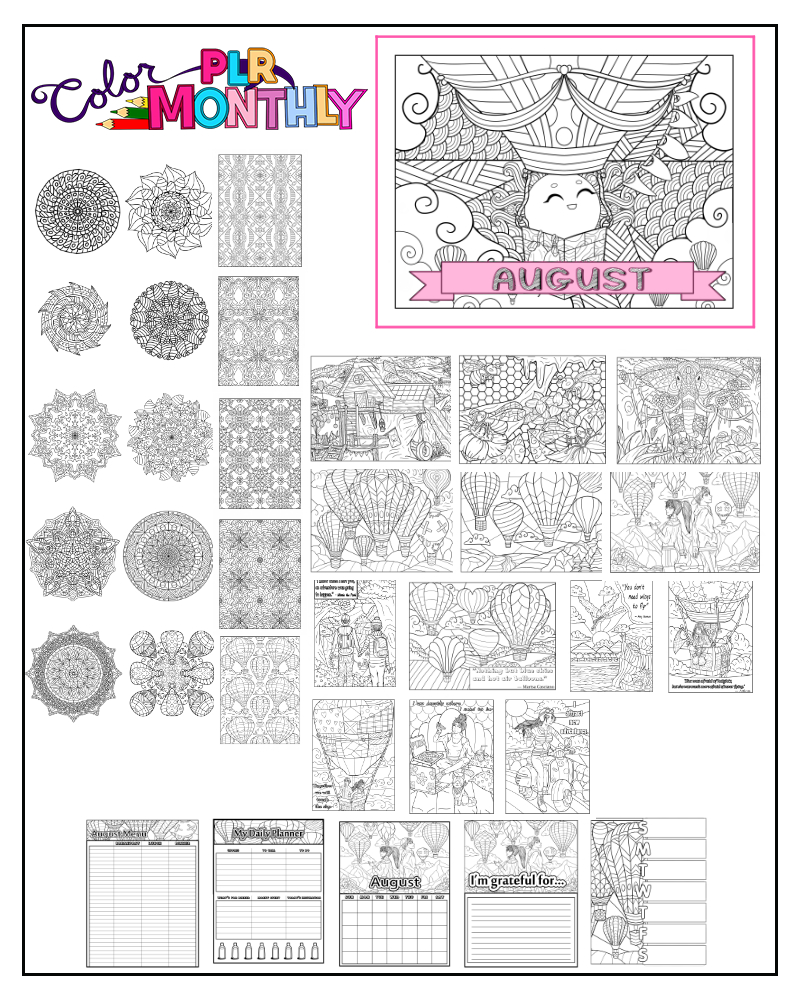 a complete image showing smaller images of all the coloring pages in a package about hot air balloons