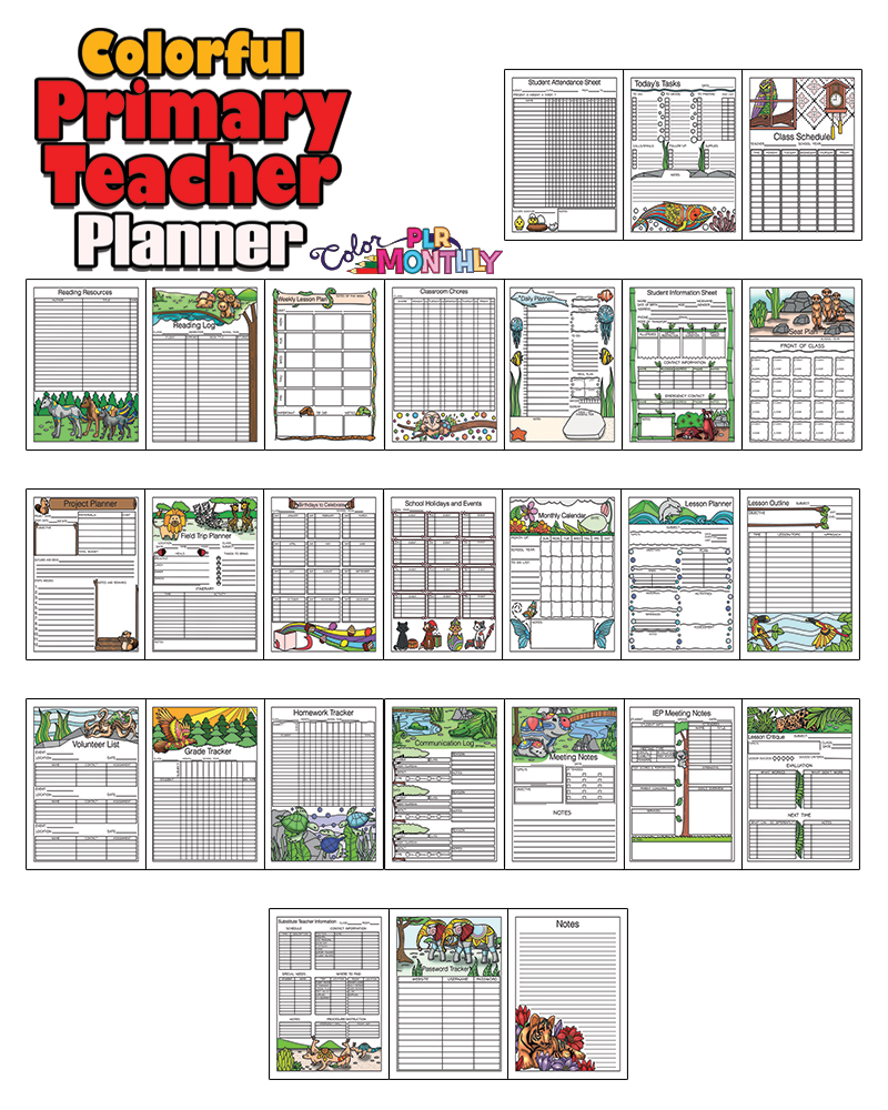 a complete image showing smaller images of all the full color pages in a package for primary school teachers