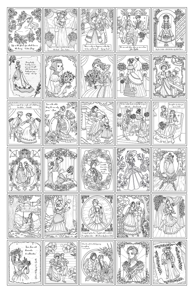 a complete image showing smaller images of all the coloring pages in a package about victorian weddings