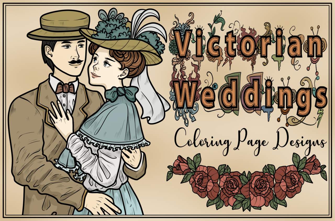 man and a woman, both with a hat, smiling and looking at each other with the title of the product "Victorian Weddings Coloring Page Designs"