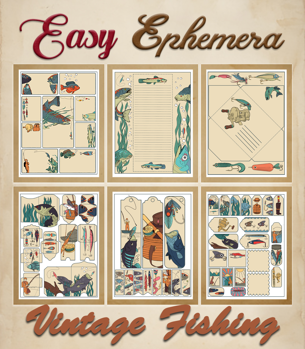a complete image showing smaller images of all the full color pages in a package with the title of the product "Easy Ephemera - Vintage Fishing"