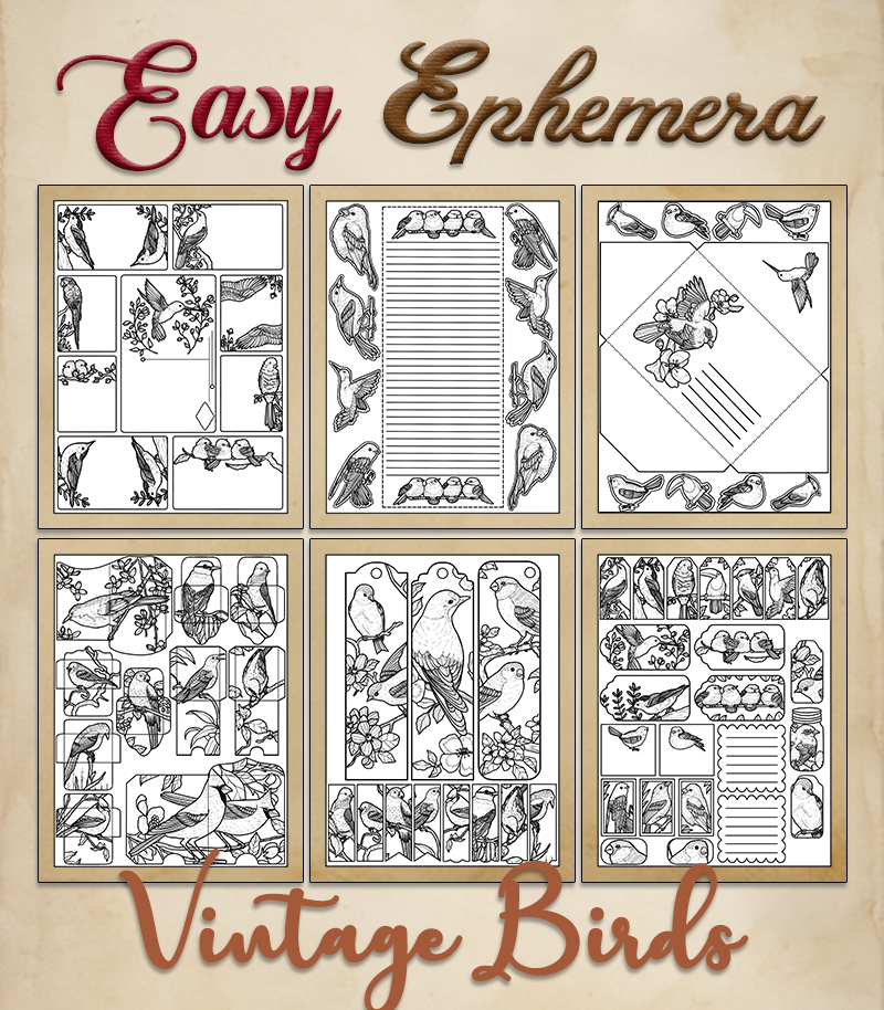 a complete image showing smaller images of all the coloring pages in a package with the title of the product "Easy Ephemera - Vintage Birds"