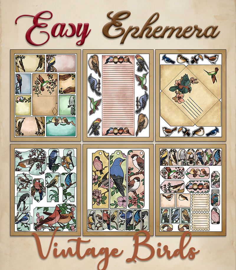 a complete image showing smaller images of all the full color pages in a package with the title of the product "Easy Ephemera - Vintage Birds"