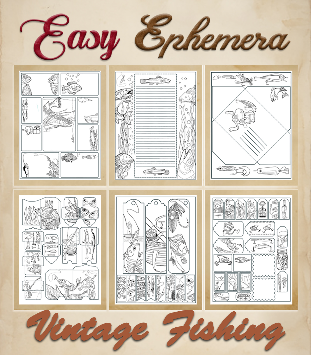 a complete image showing smaller images of all the coloring pages in a package with the title of the product "Easy Ephemera - Vintage Fishing"