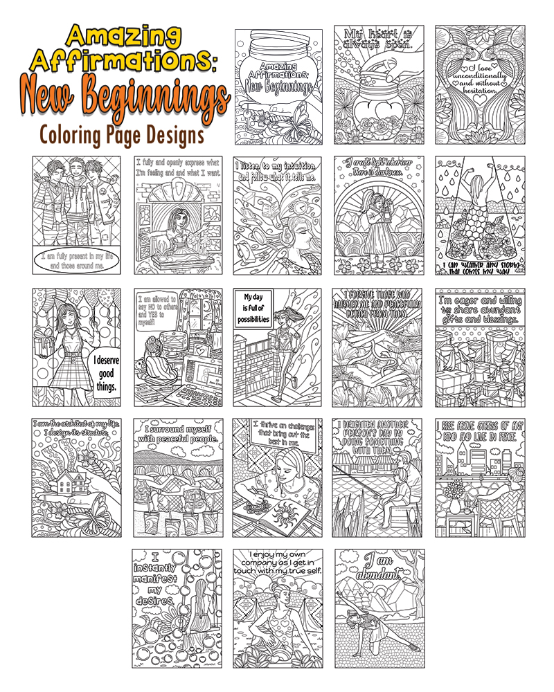 a complete image showing smaller images of all the coloring pages in a package about new beginnings affirmations