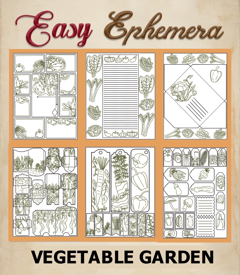 a complete image showing smaller images of all the coloring pages in a package with the title of the product "Easy Ephemera - Vegetable Garden"