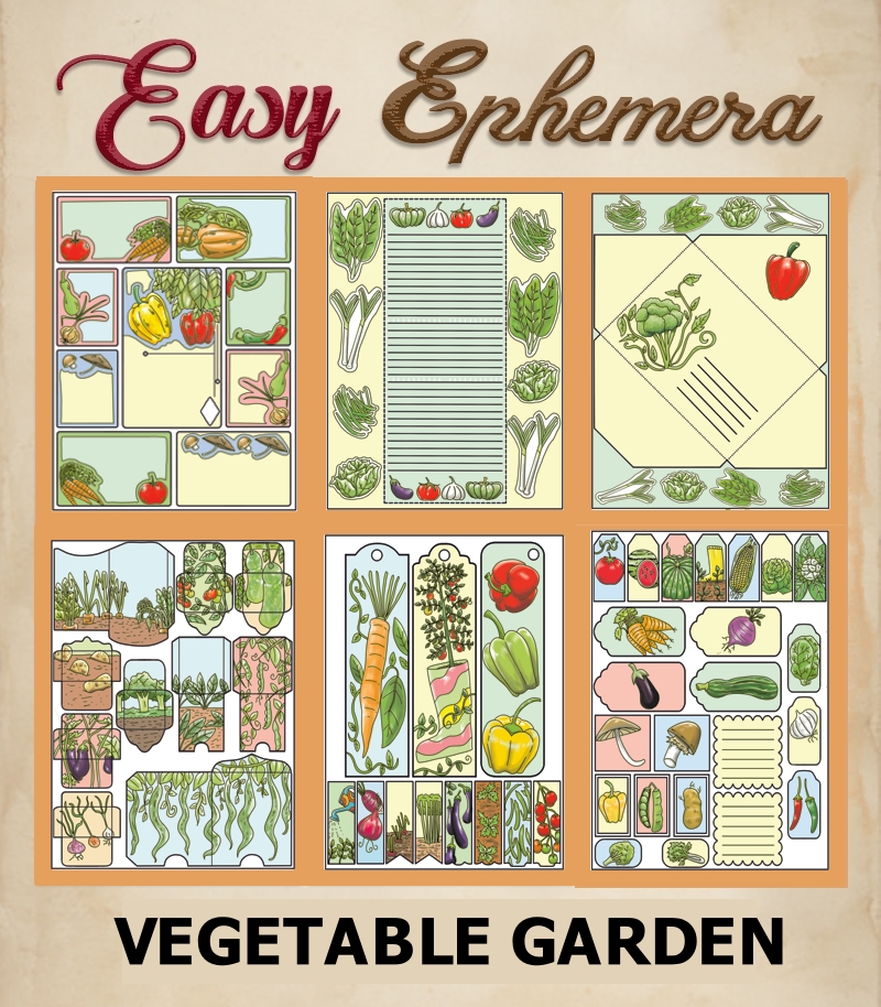 a complete image showing smaller images of all the full color pages in a package with the title of the product "Easy Ephemera - Vegetable Garden"