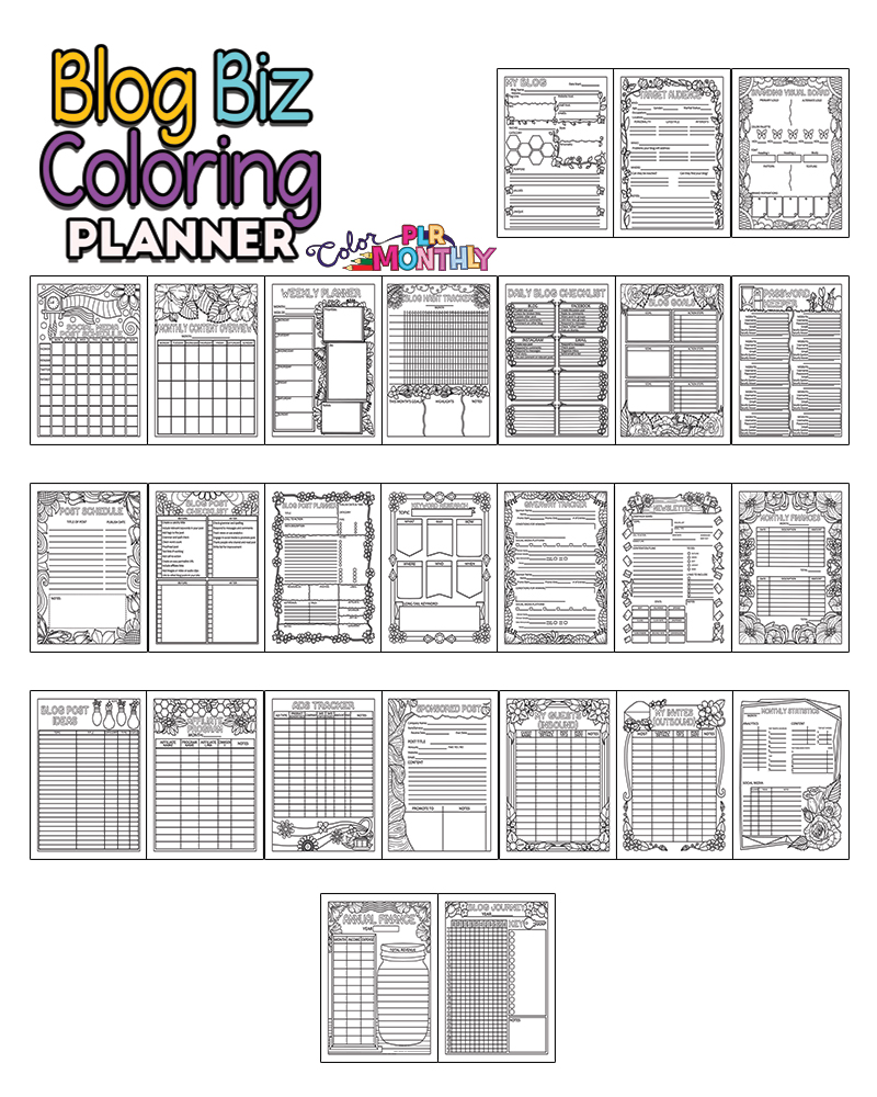 a complete image showing smaller images of all the coloring pages in a package about blog business