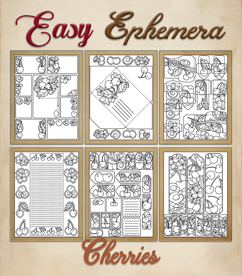 a complete image showing smaller images of all the coloring pages in a package with the title of the product "Easy Ephemera - Cherries"