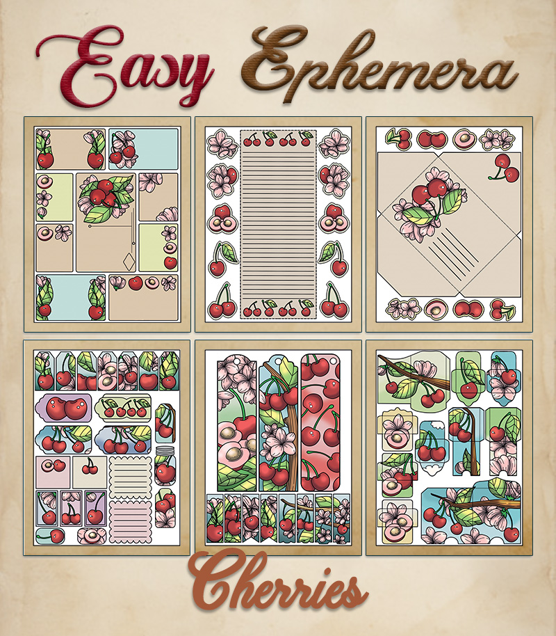 a complete image showing smaller images of all the full color pages in a package with the title of the product "Easy Ephemera - Cherries"