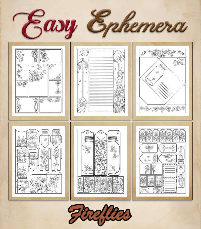a complete image showing smaller images of all the coloring pages in a package with the title of the product "Easy Ephemera - Fireflies"