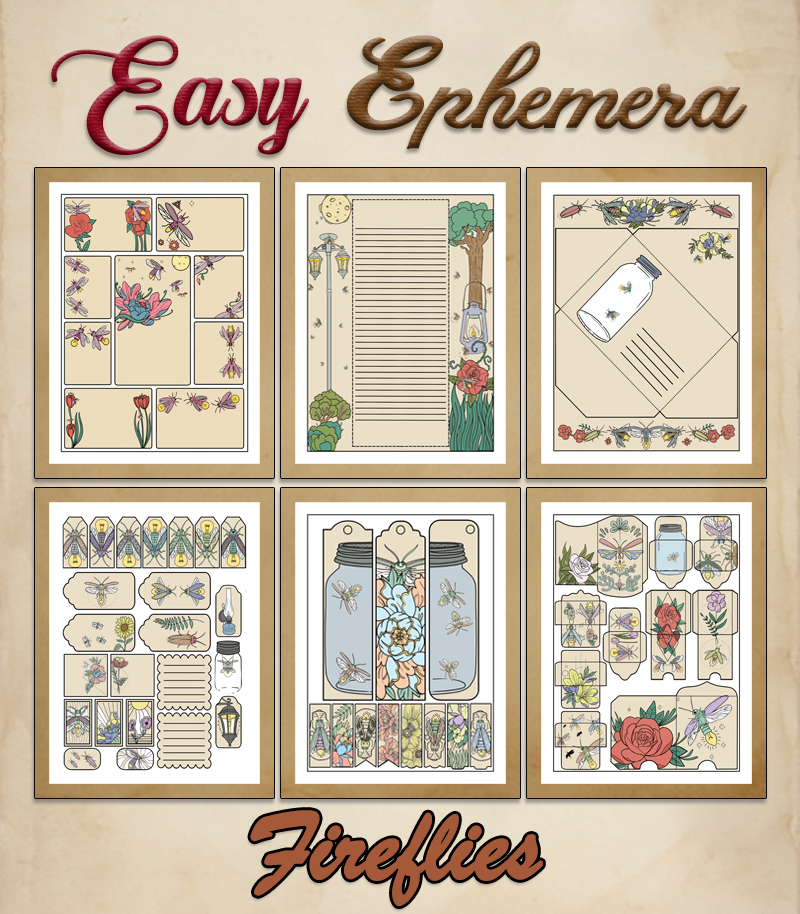 a complete image showing smaller images of all the full color pages in a package with the title of the product "Easy Ephemera - Fireflies"
