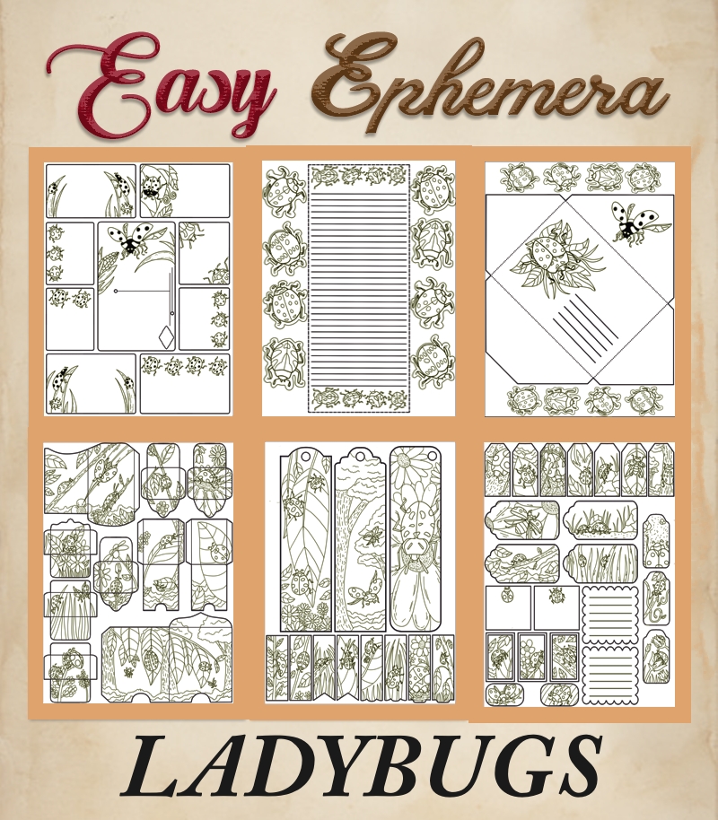 a complete image showing smaller images of all the coloring pages in a package with the title of the product "Easy Ephemera - Ladybugs"
