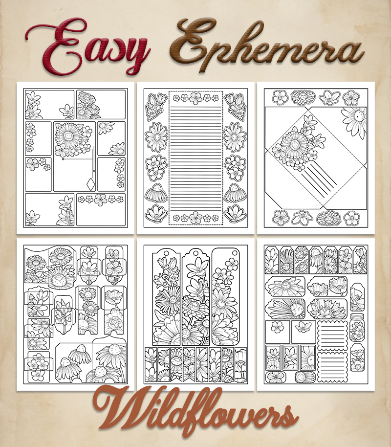 a complete image showing smaller images of all the coloring pages in a package with the title of the product "Easy Ephemera - Wildflowers"