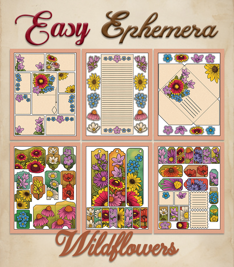 a complete image showing smaller images of all the full color pages in a package with the title of the product "Easy Ephemera - Wildflowers"