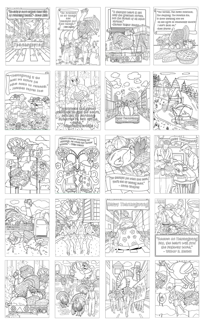 a complete image showing smaller images of all the coloring pages in a package about turkey day parade