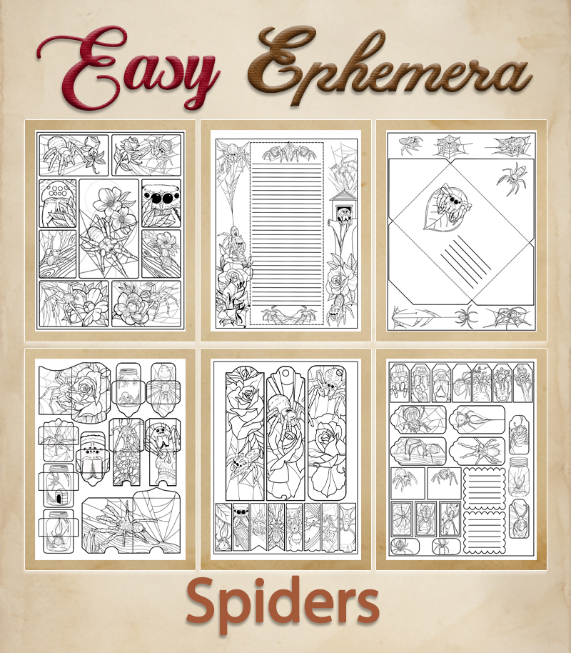a complete image showing smaller images of all the coloring pages in a package with the title of the product "Easy Ephemera - Spiders"