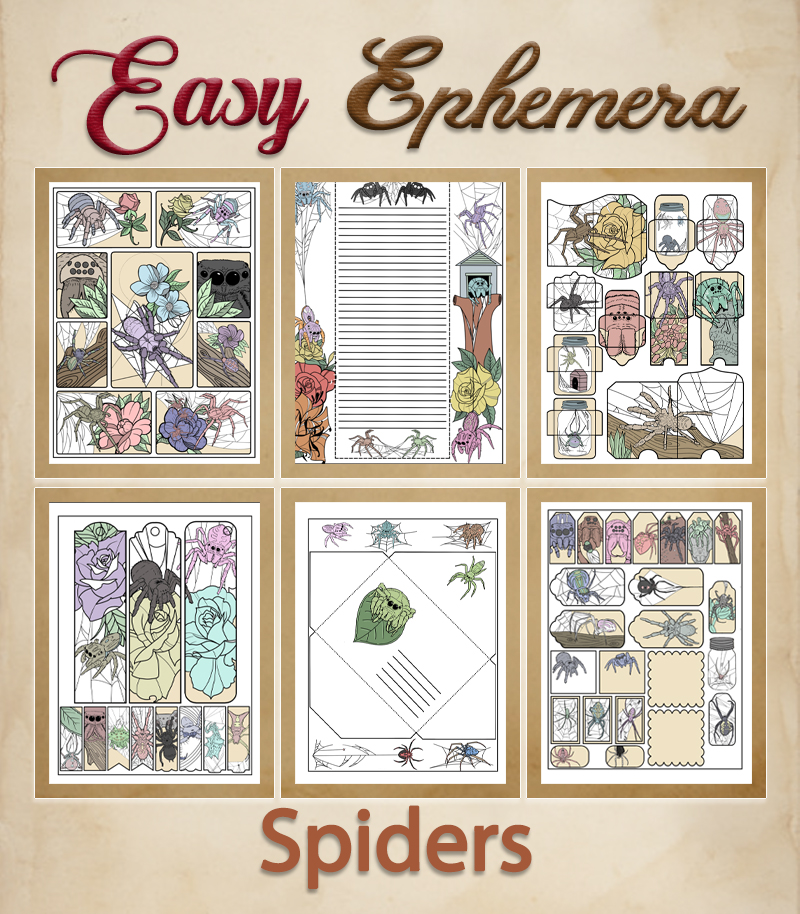 a complete image showing smaller images of all the full color pages in a package with the title of the product "Easy Ephemera - Spiders"