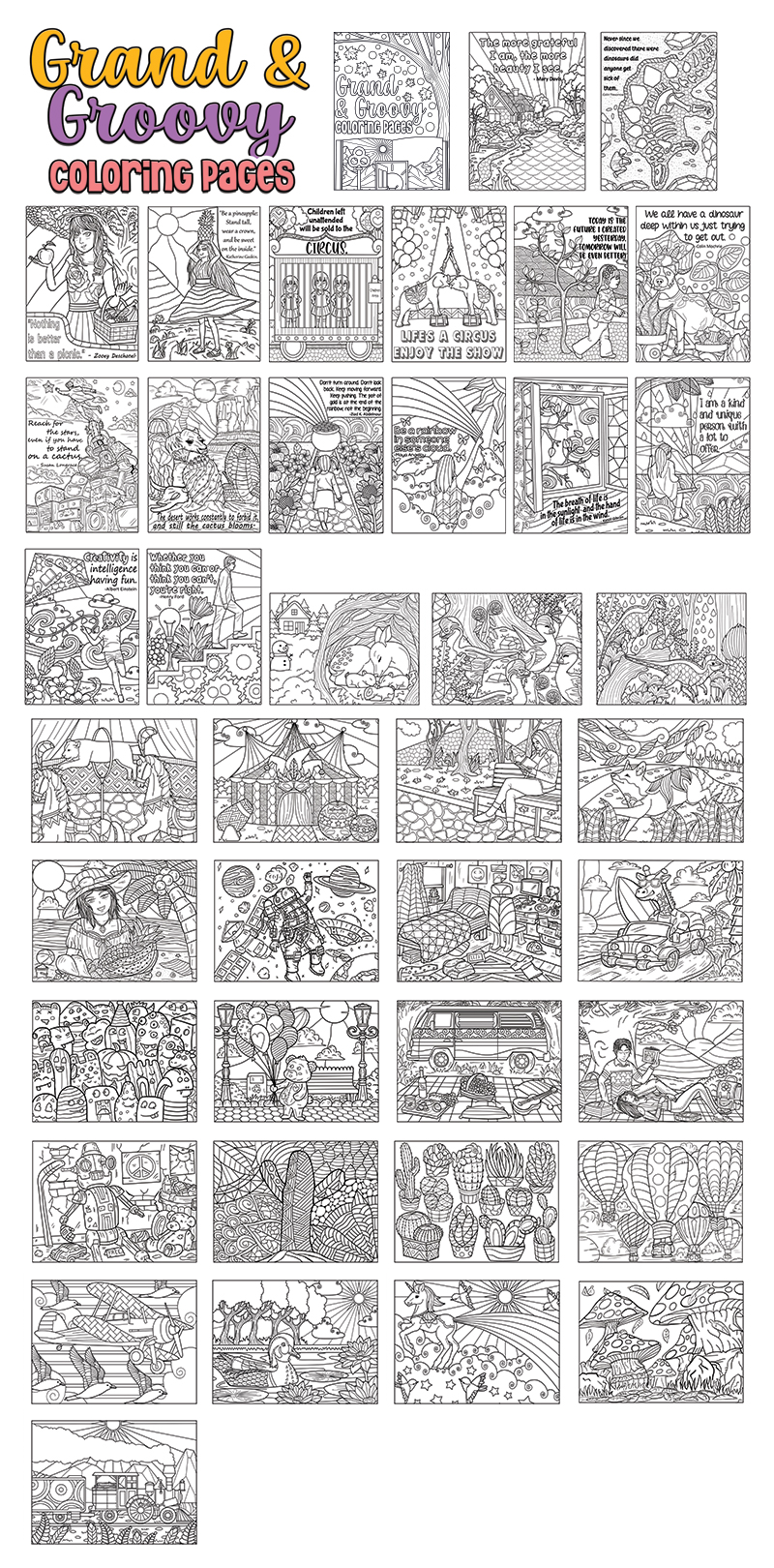 a complete image showing smaller images of all the coloring pages in a package about grand & groovy