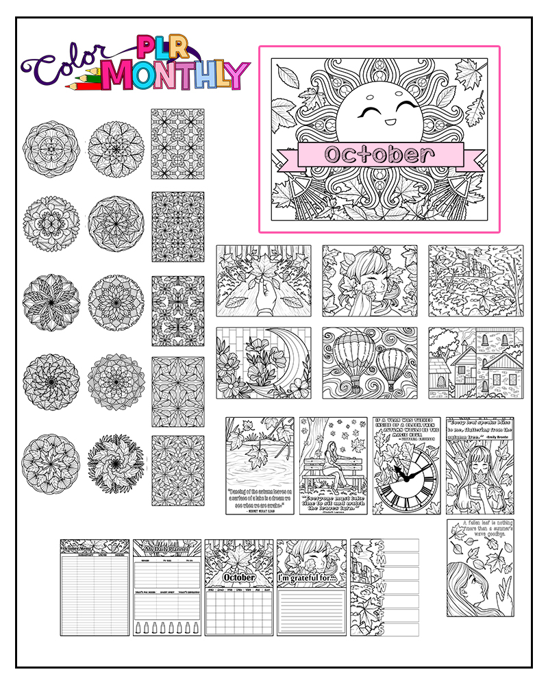 a complete image showing smaller images of all the coloring pages in a package about autumn