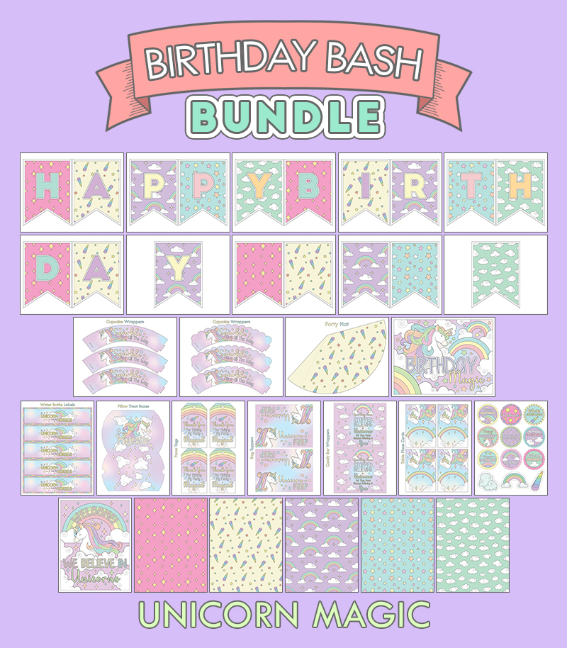 a complete image showing smaller images of all the full color pages in a package about birthday and unicorn