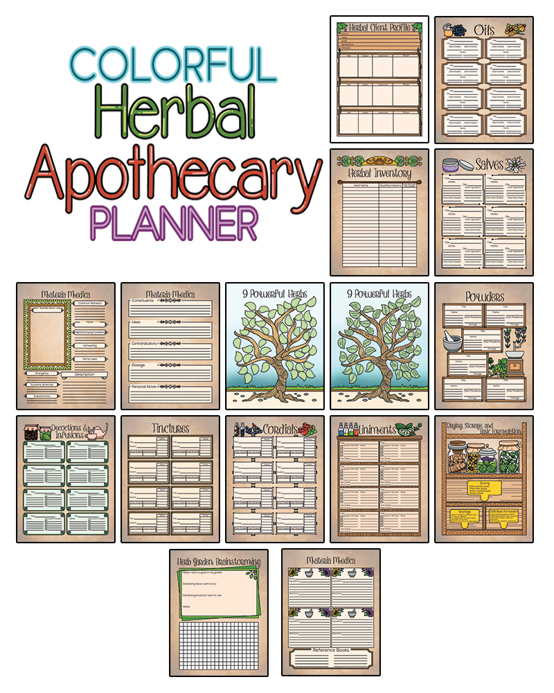 a complete image showing smaller images of all the full color pages in a package about herbal apothecary