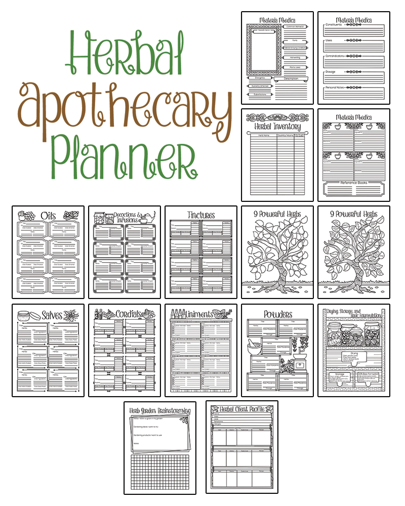 a complete image showing smaller images of all the coloring pages in a package about herbal apothecary